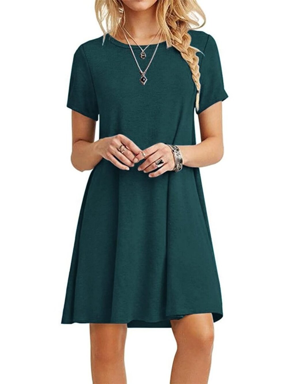 Women's Dark Green Crew Neck Classic Short Sleeve Outfits Pull On Pocket T Shirt